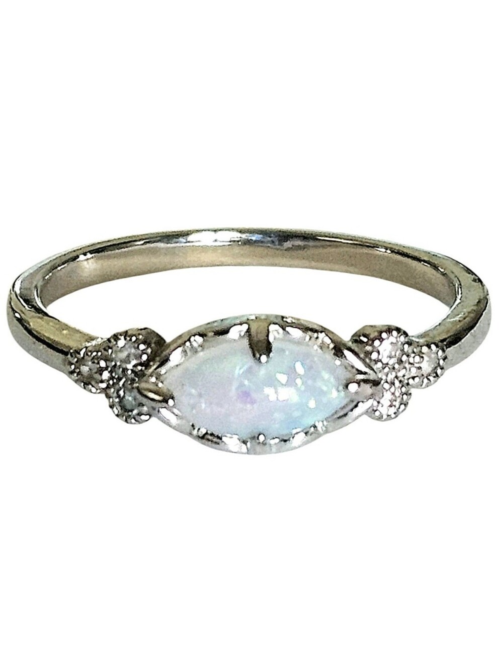 Sterling Silver White Opal Marquise Ring with Sparkling Accent Stones, Size 7